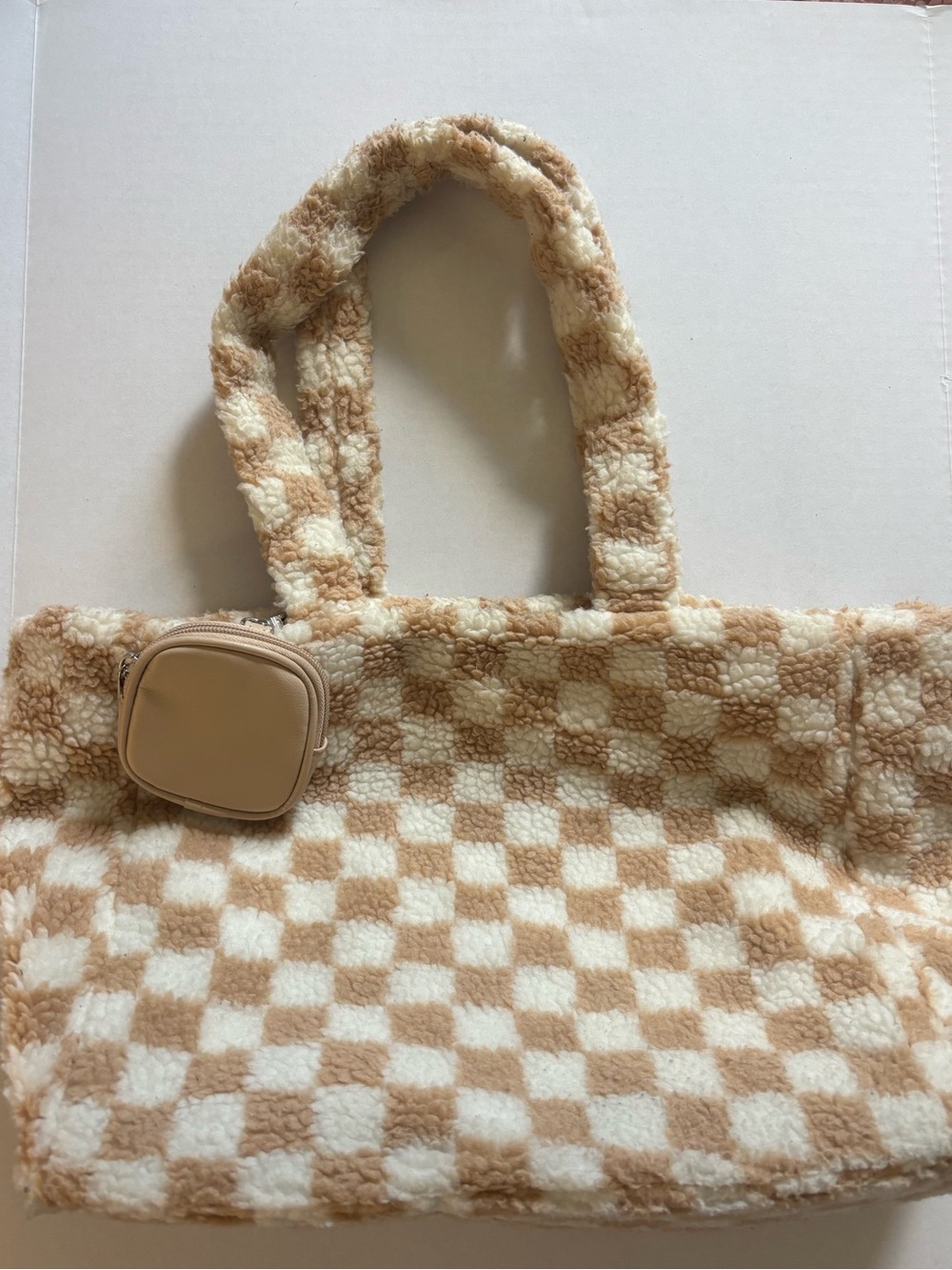 Plush Checkered Tote Bag in Cream & Tan